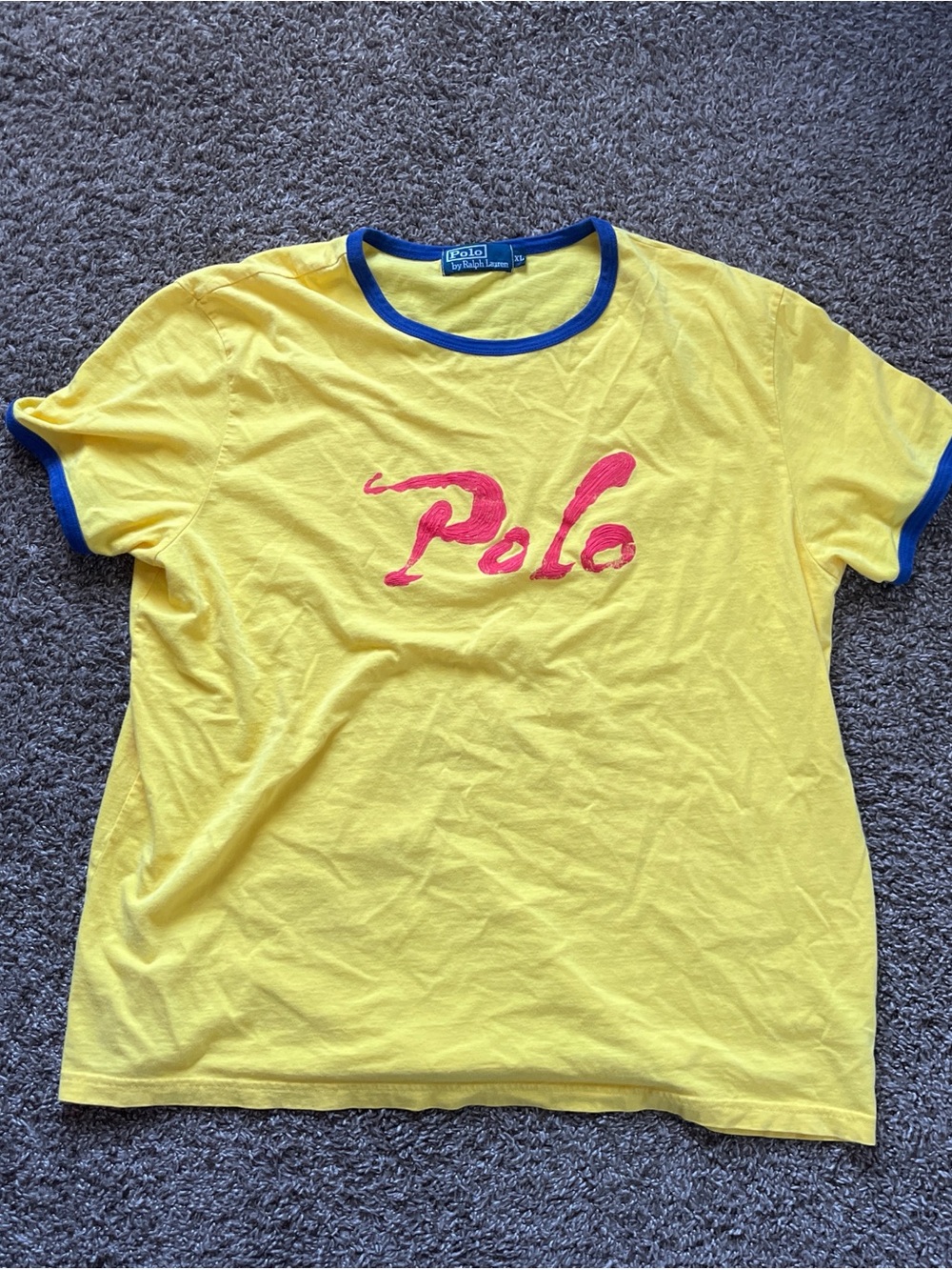 Ralph Lauren Yellow Tee with Pink Polo Script and Blue Trim